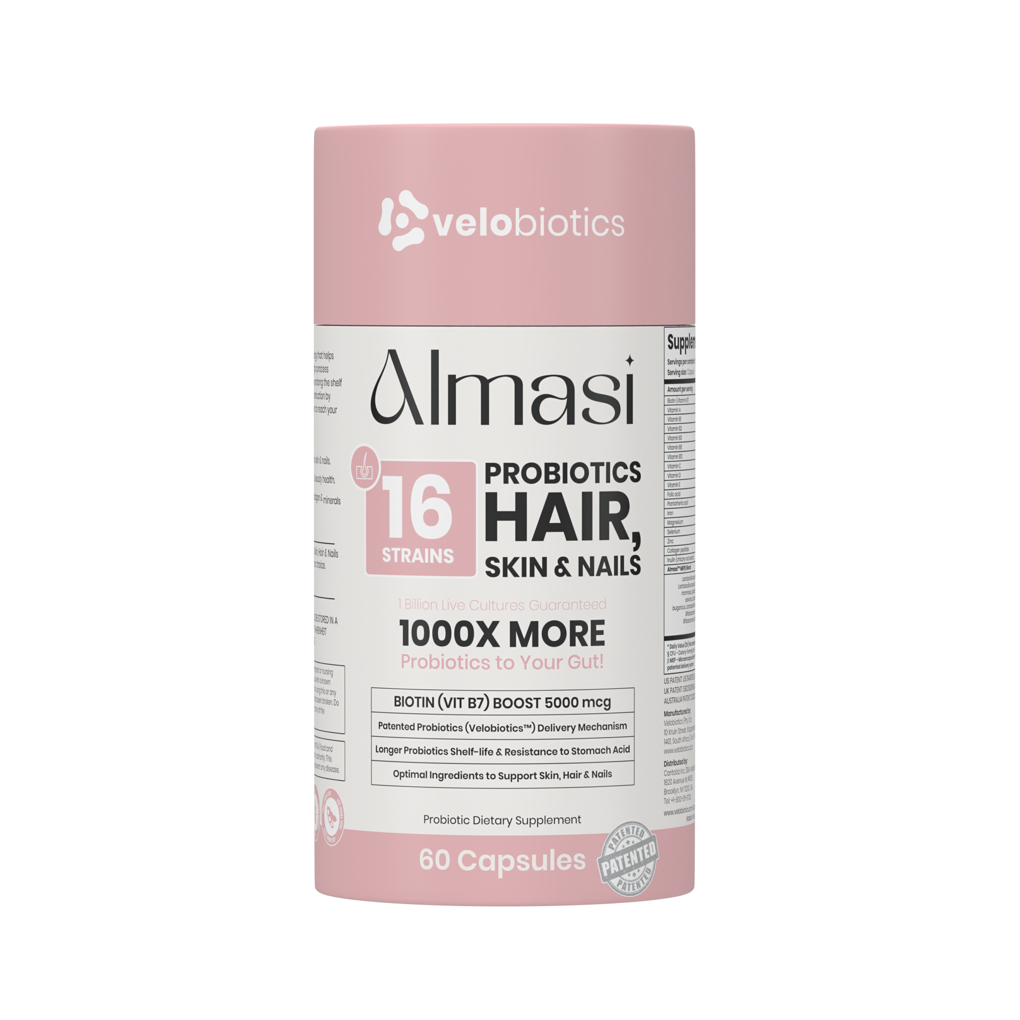 Almasi Probiotics Skin supplement bottle with 60 capsules for hair, skin, and nails health with 16 probiotic strains and biotin boost