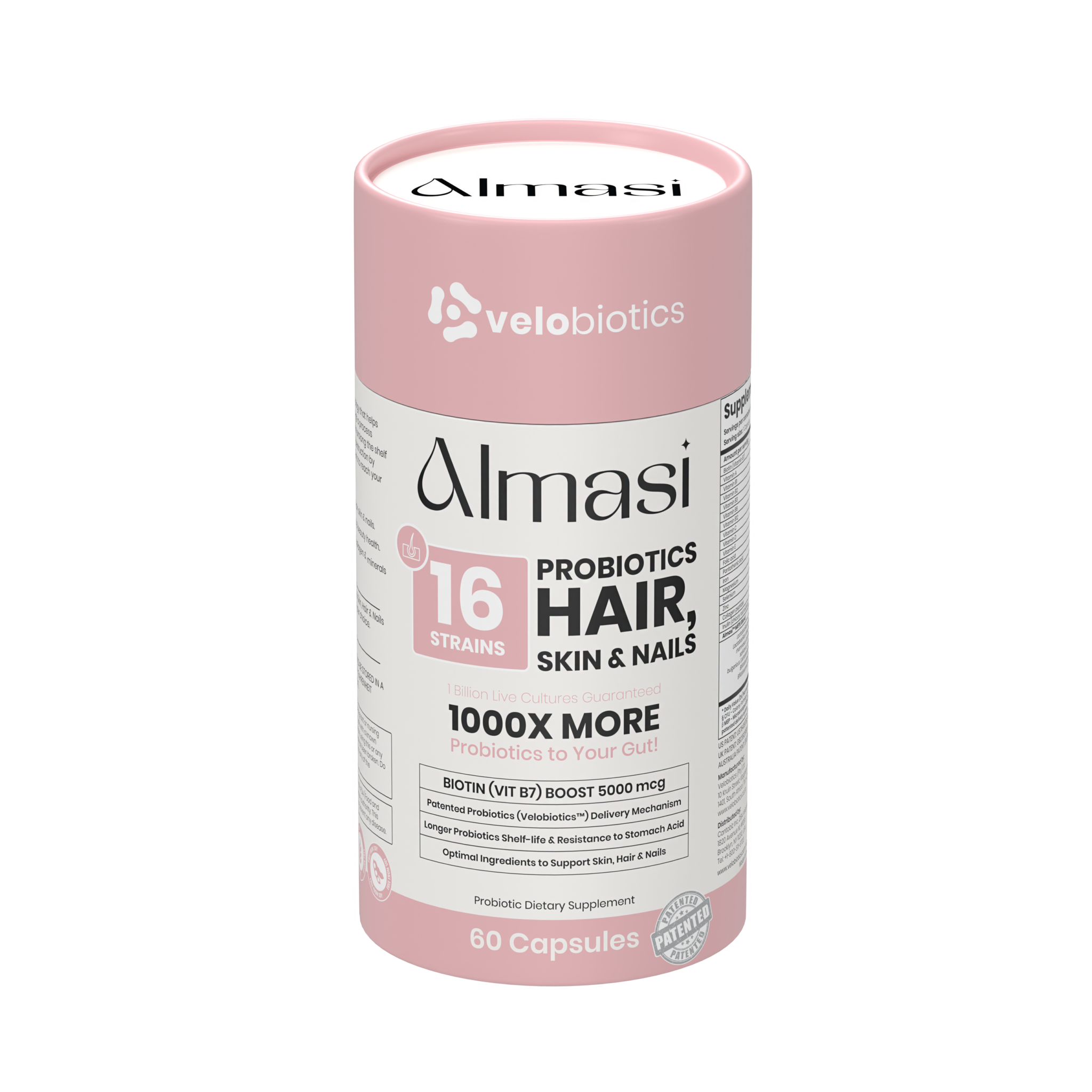 Almasi Probiotics Skin, Hair & Nails supplement bottle with 16 probiotic strains and biotin for beauty and health support
