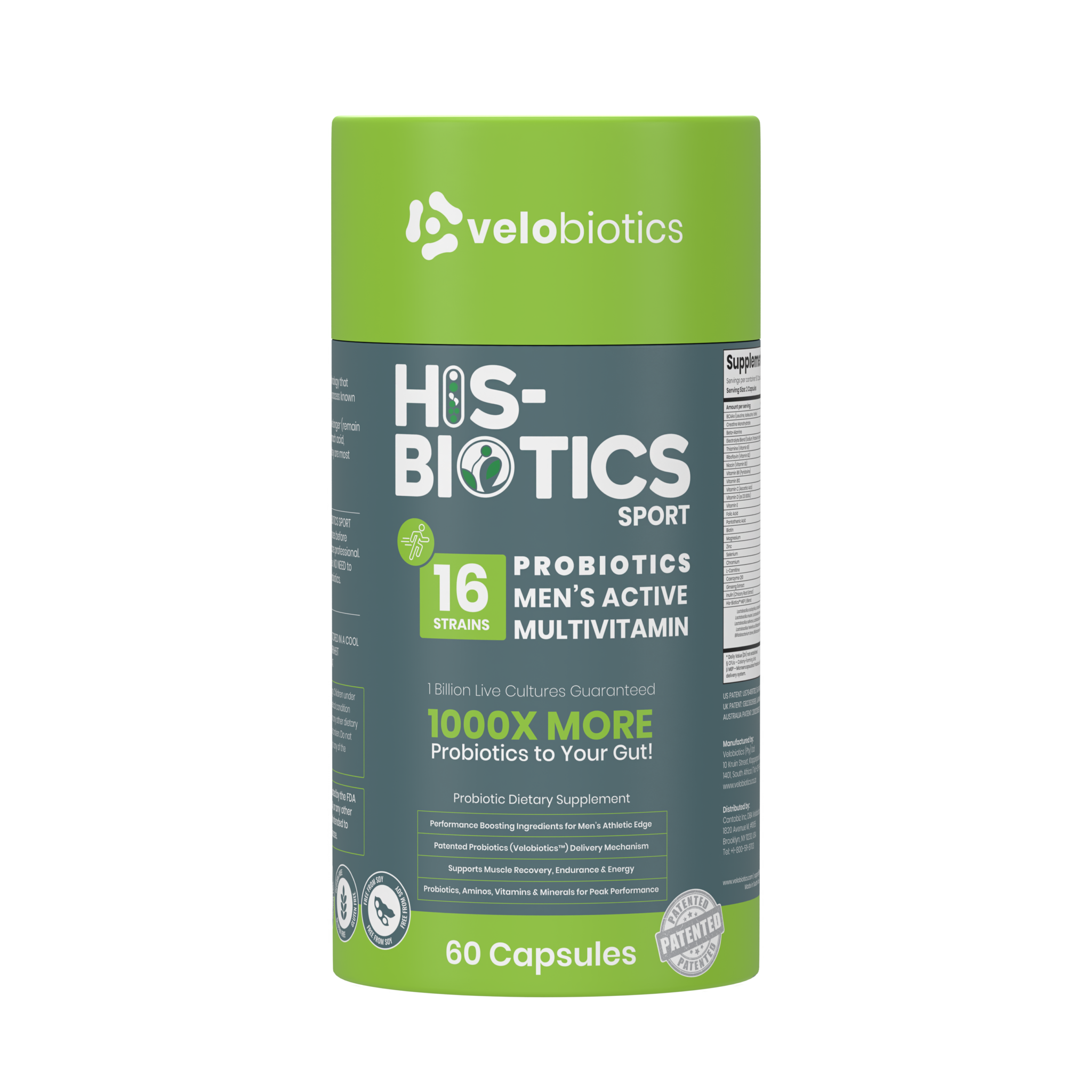 His-Biotics Probiotics SPORT men's multivitamin with 16 probiotic strains for active performance and gut health, 60 capsules bottle