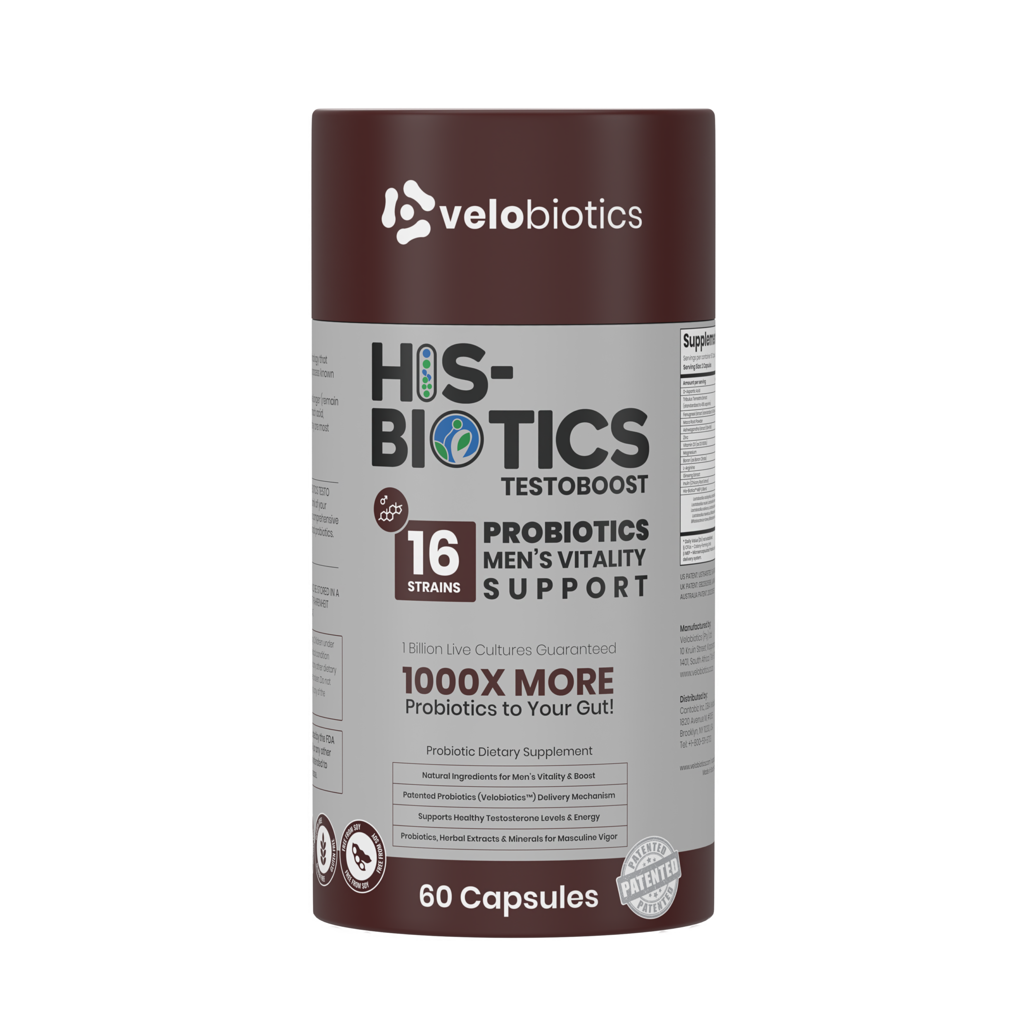 His-Biotics Testo Boost probiotic supplement for men's vitality and testosterone support with 16 strains and 60 capsules.