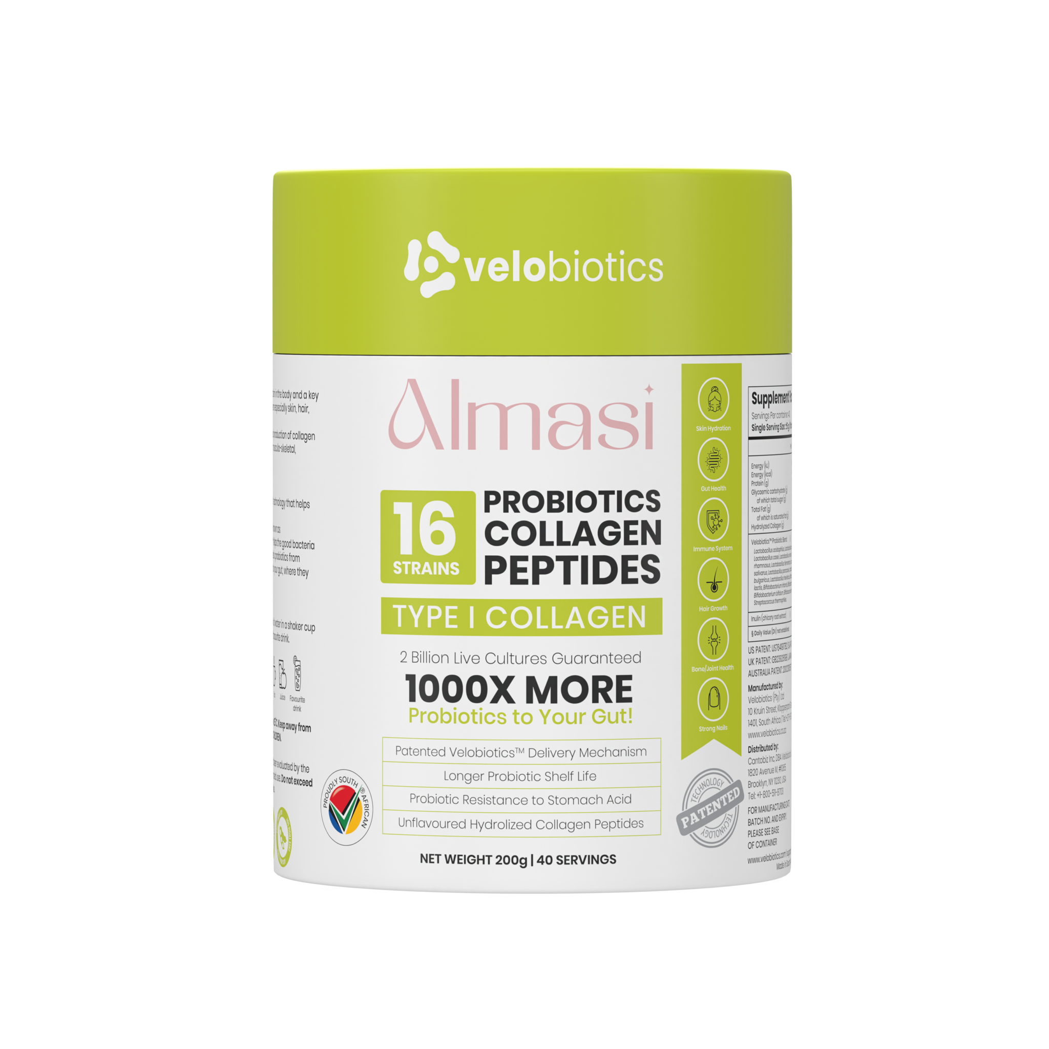Almasi Probiotics Collagen Powder 200g container with 16 probiotic strains and type I collagen peptides for skin, hair, and nail health.