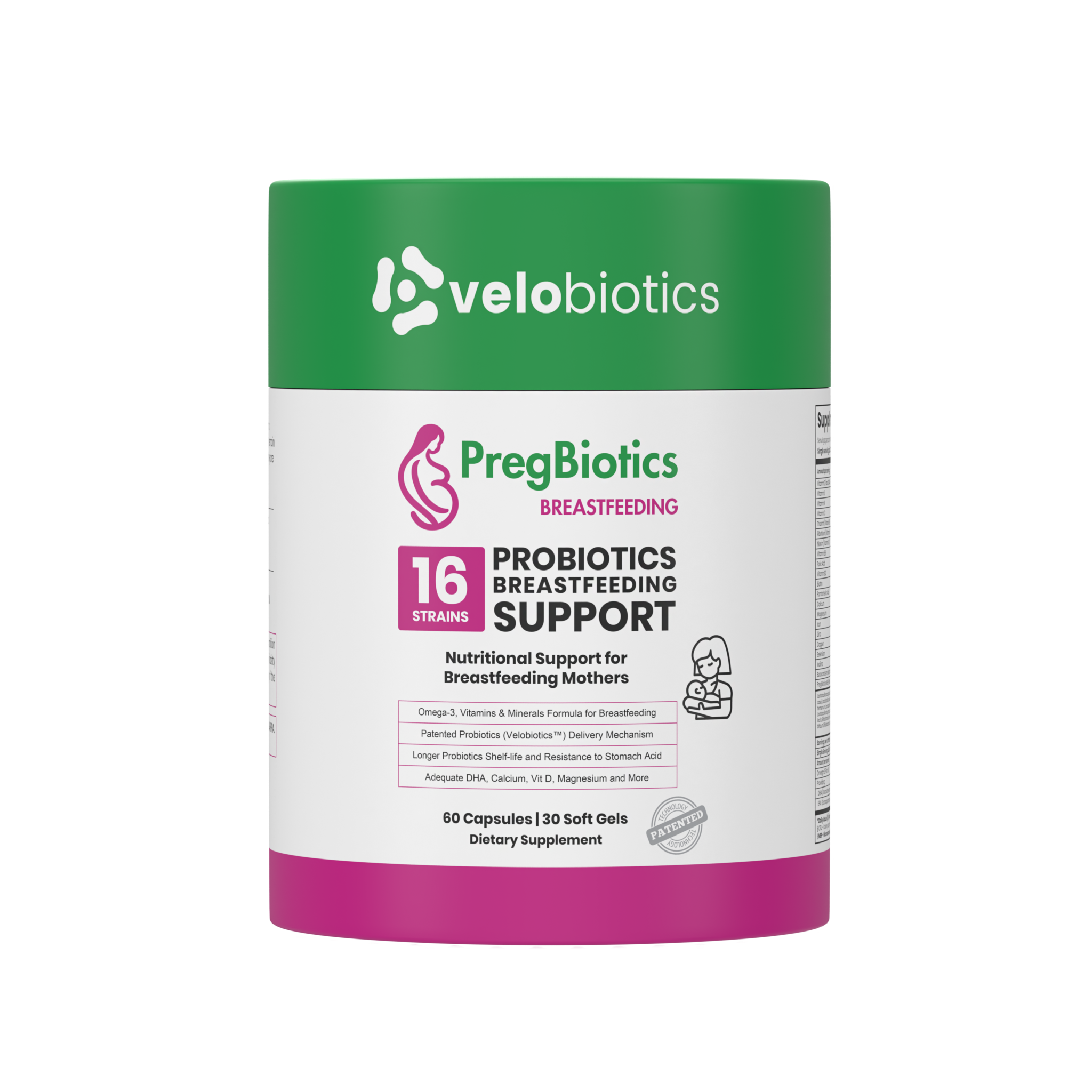PregBiotics Breastfeeding supplement with 16 probiotic strains, Omega-3, vitamins, and minerals for postnatal and breastfeeding support.