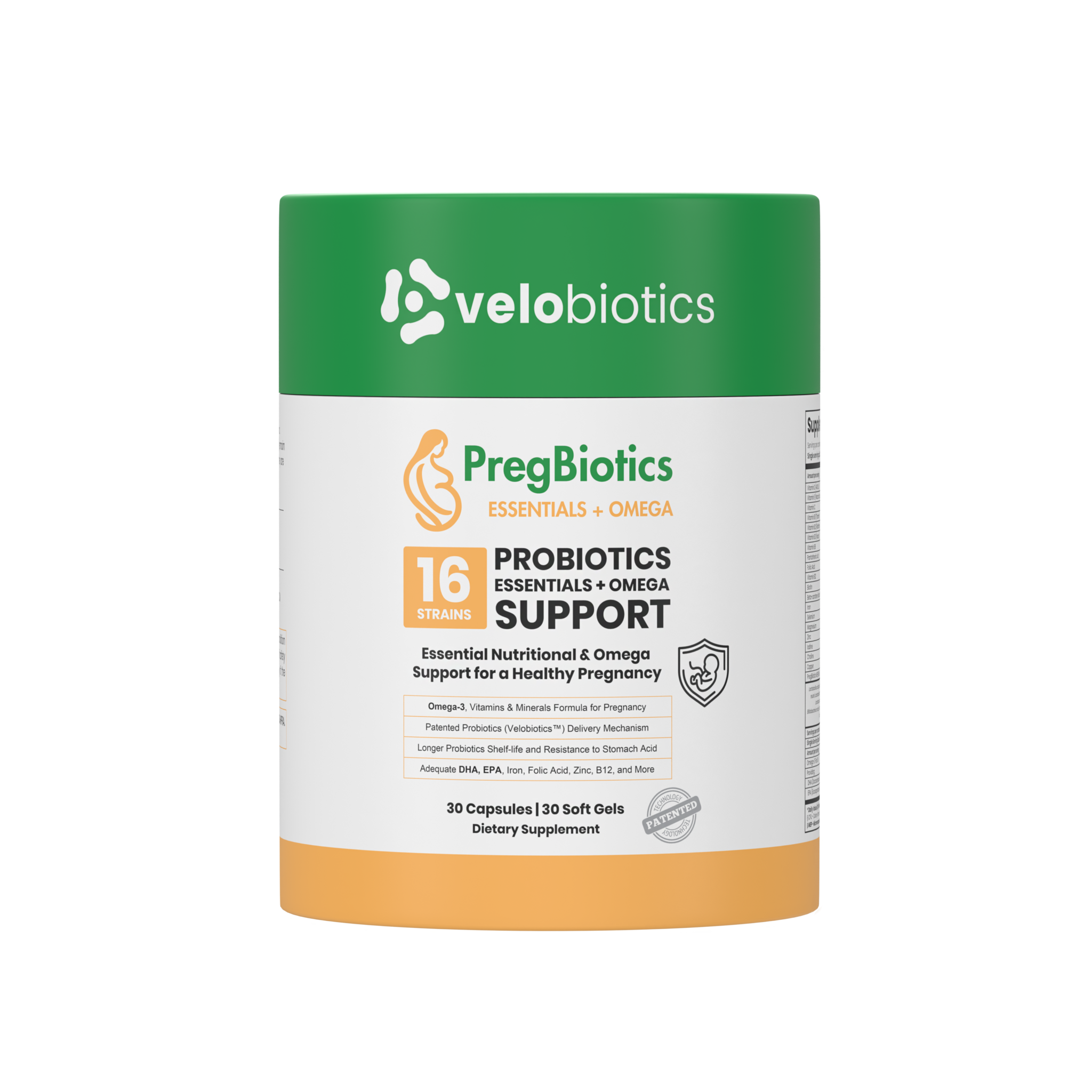 PregBiotics Essentials with Omega dietary supplement bottle featuring probiotics and Omega-3 support for pregnancy.