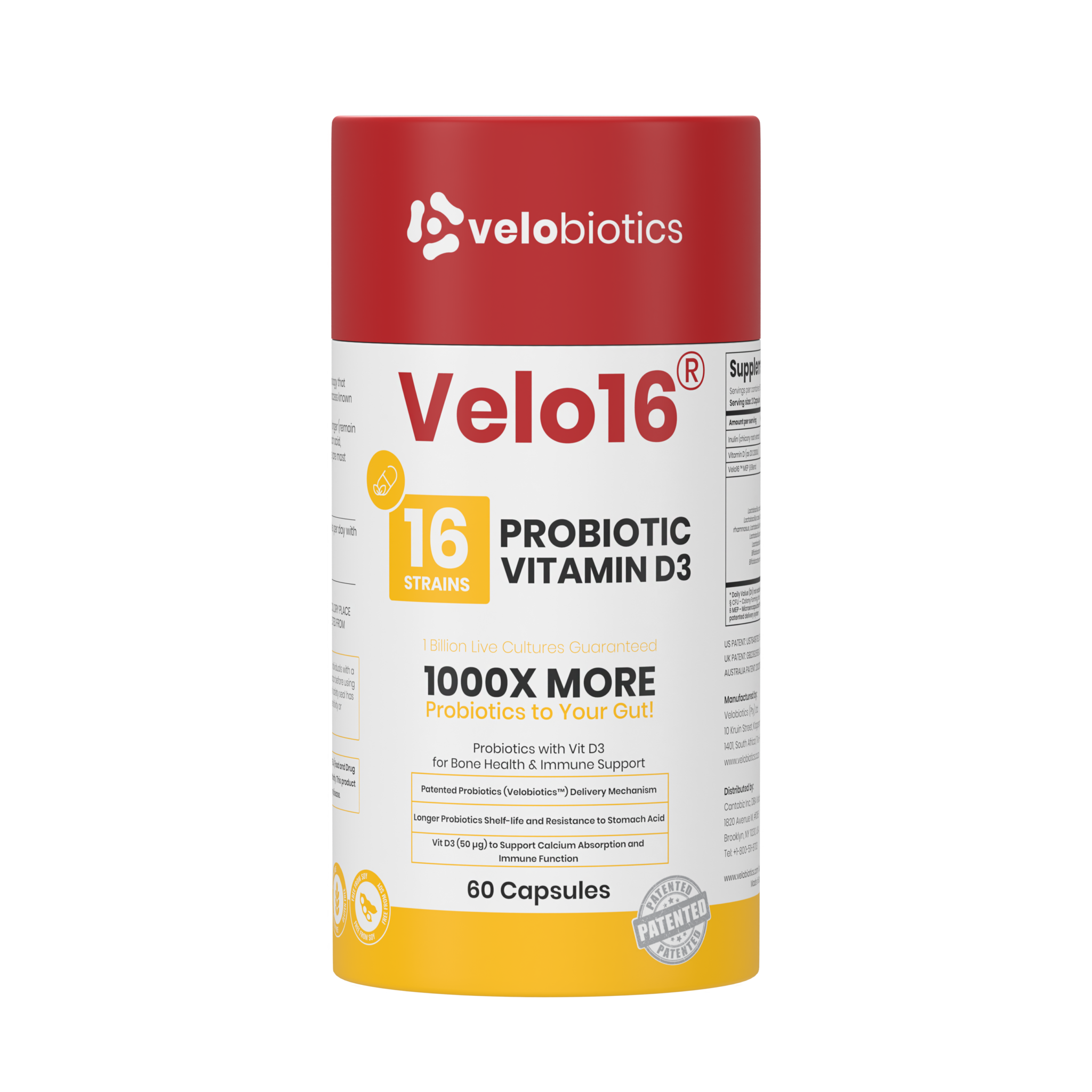 Velo16 Probiotics Vitamin D3 supplement bottle with 16 strains and patented probiotics for gut health and immune support