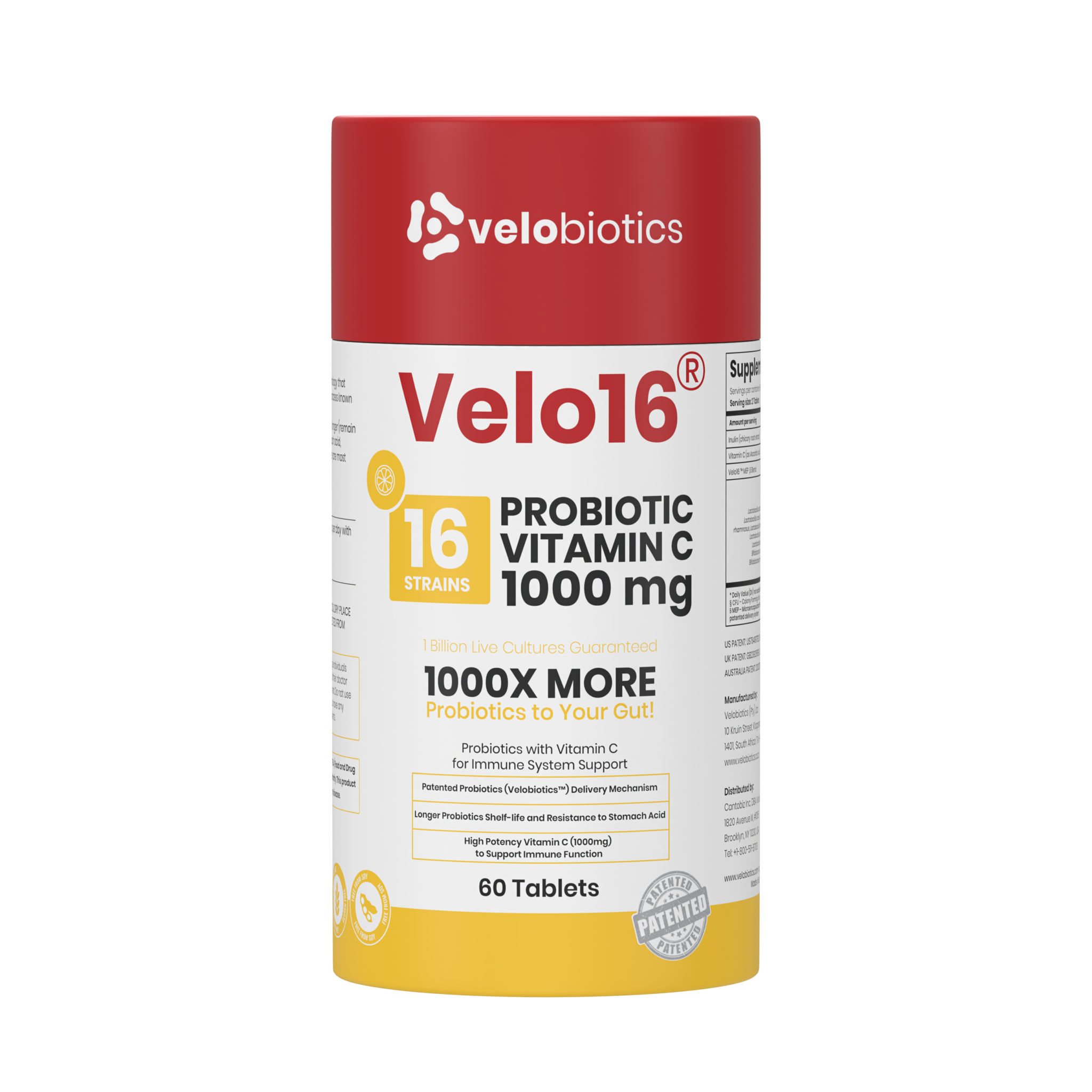Velo16 Probiotics Vitamin C supplement container with 16 strains probiotics and 1000mg Vitamin C for immune and gut health support, 60 tablets.