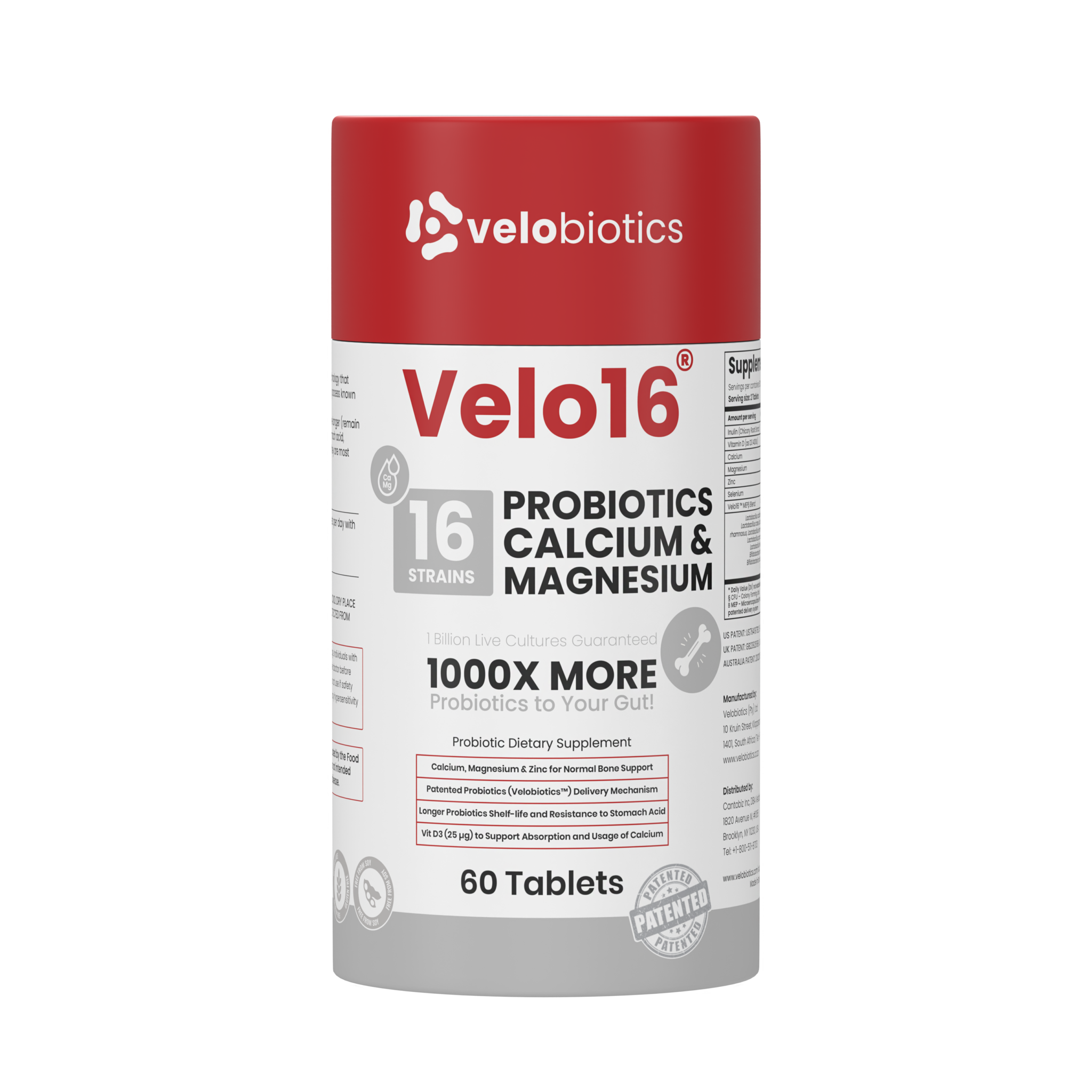 Velo16 Probiotics Calcium & Magnesium supplement bottle with 16 strains, supporting gut health, muscle, and nerve function in 60 tablets.