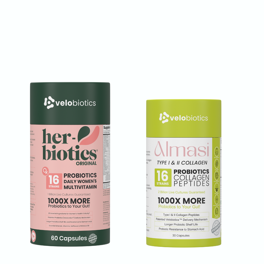 Her Glow Combo featuring Her-Biotics Original probiotics and Almasi collagen capsules for digestion, immunity, hormone balance, and radiant skin.