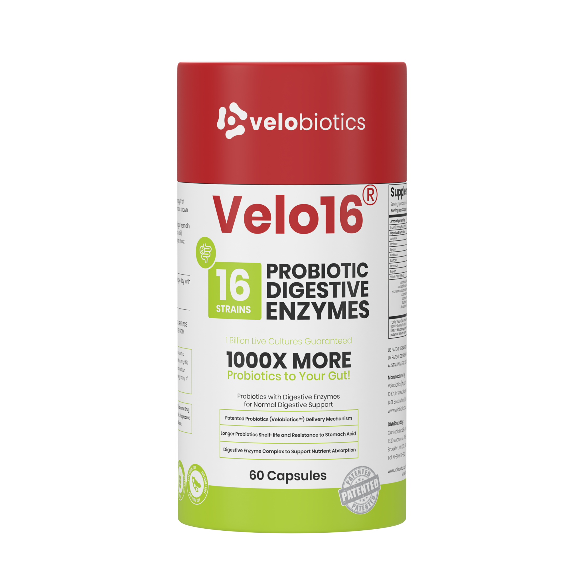 Velo16 Probiotics + Digestive Enzymes supplement bottle with 16 strains, 60 capsules for gut health and digestive support.