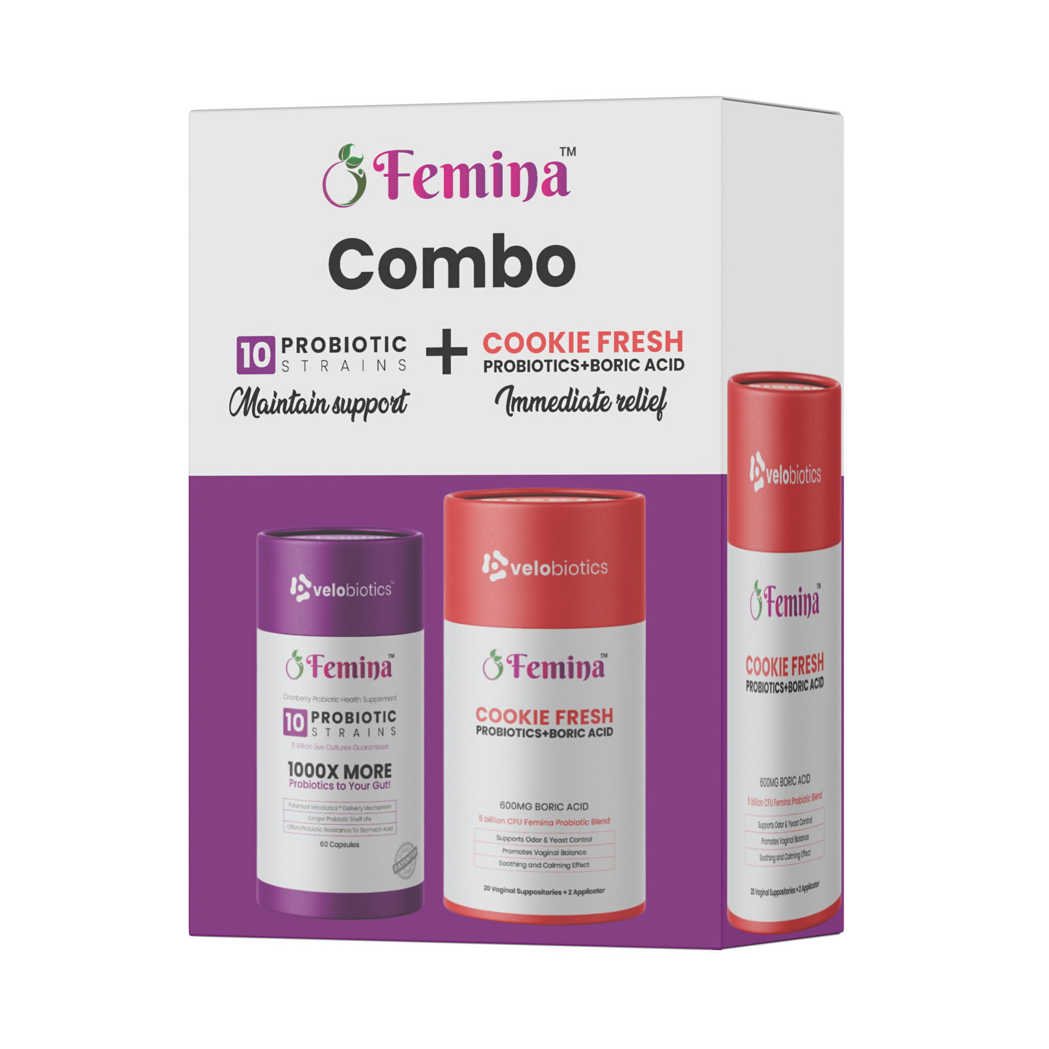 Femina COMBO Care probiotic capsules and Cookie Fresh suppositories for feminine intimate health support and immediate relief.