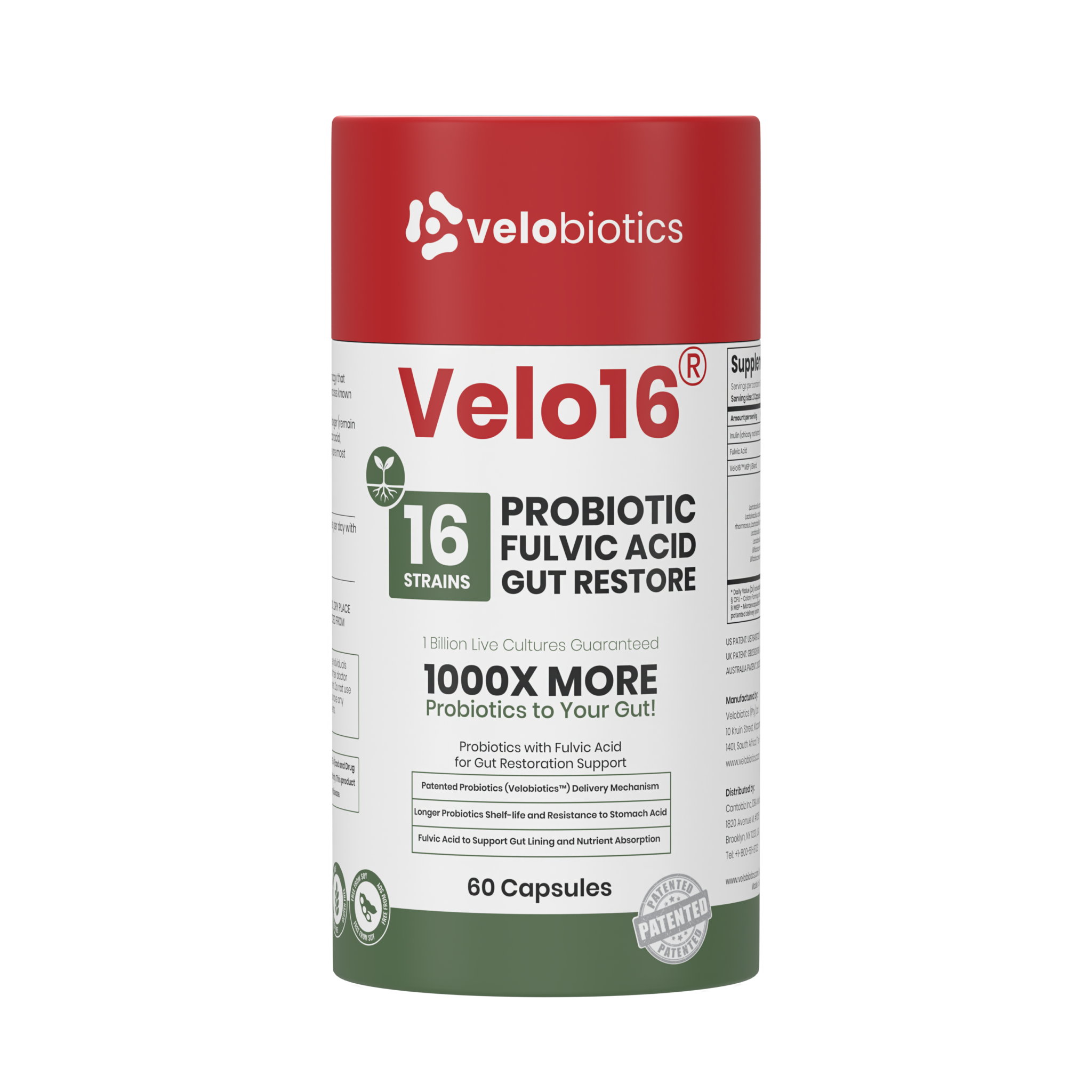 Velo16 Probiotics + Fulvic Acid supplement bottle with 16 strain probiotic blend for gut restoration and nutrient absorption support