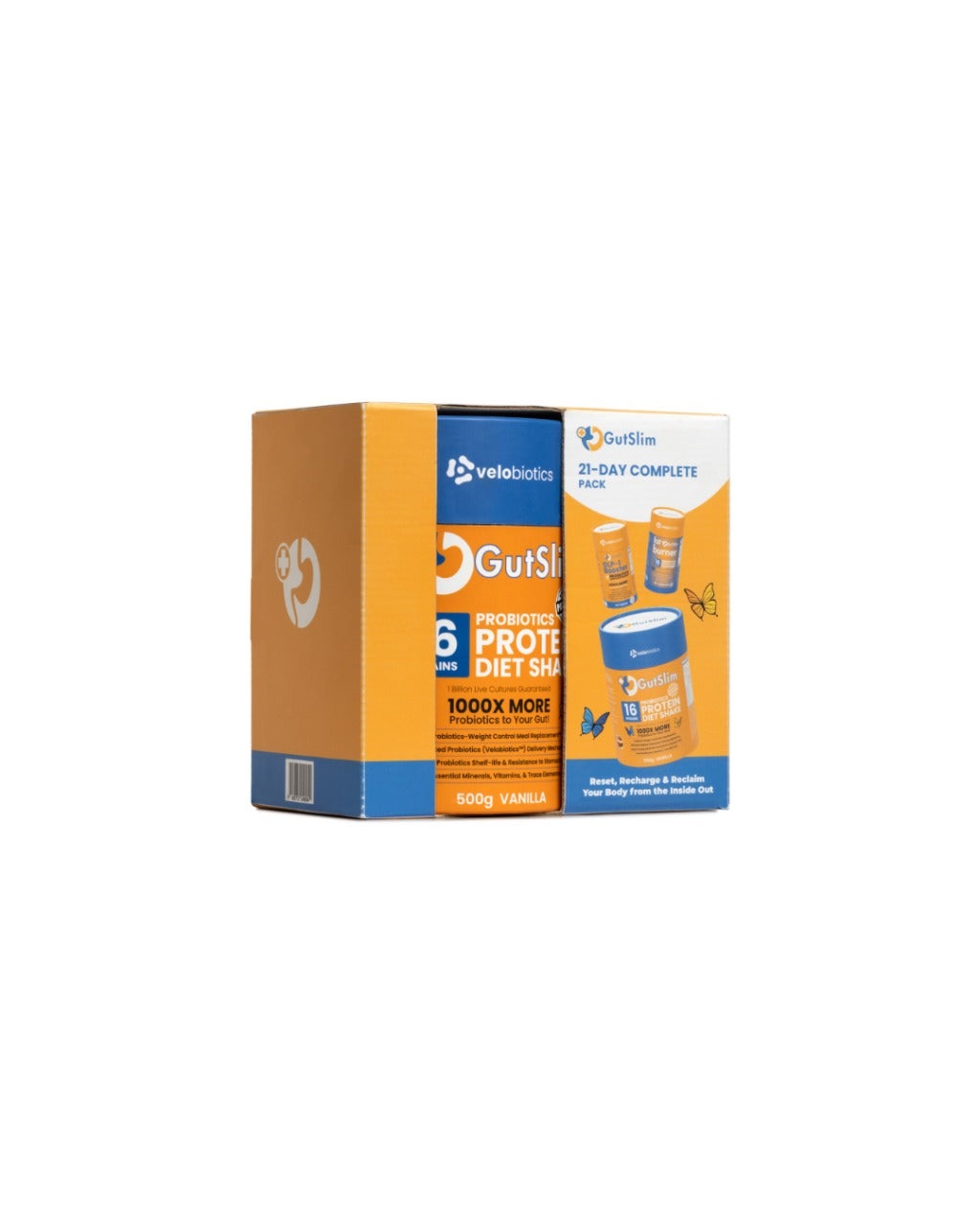 21-Day GutSlim Complete Pack fat-loss accelerator with probiotics, protein diet shake, and fat burner supplements in orange packaging