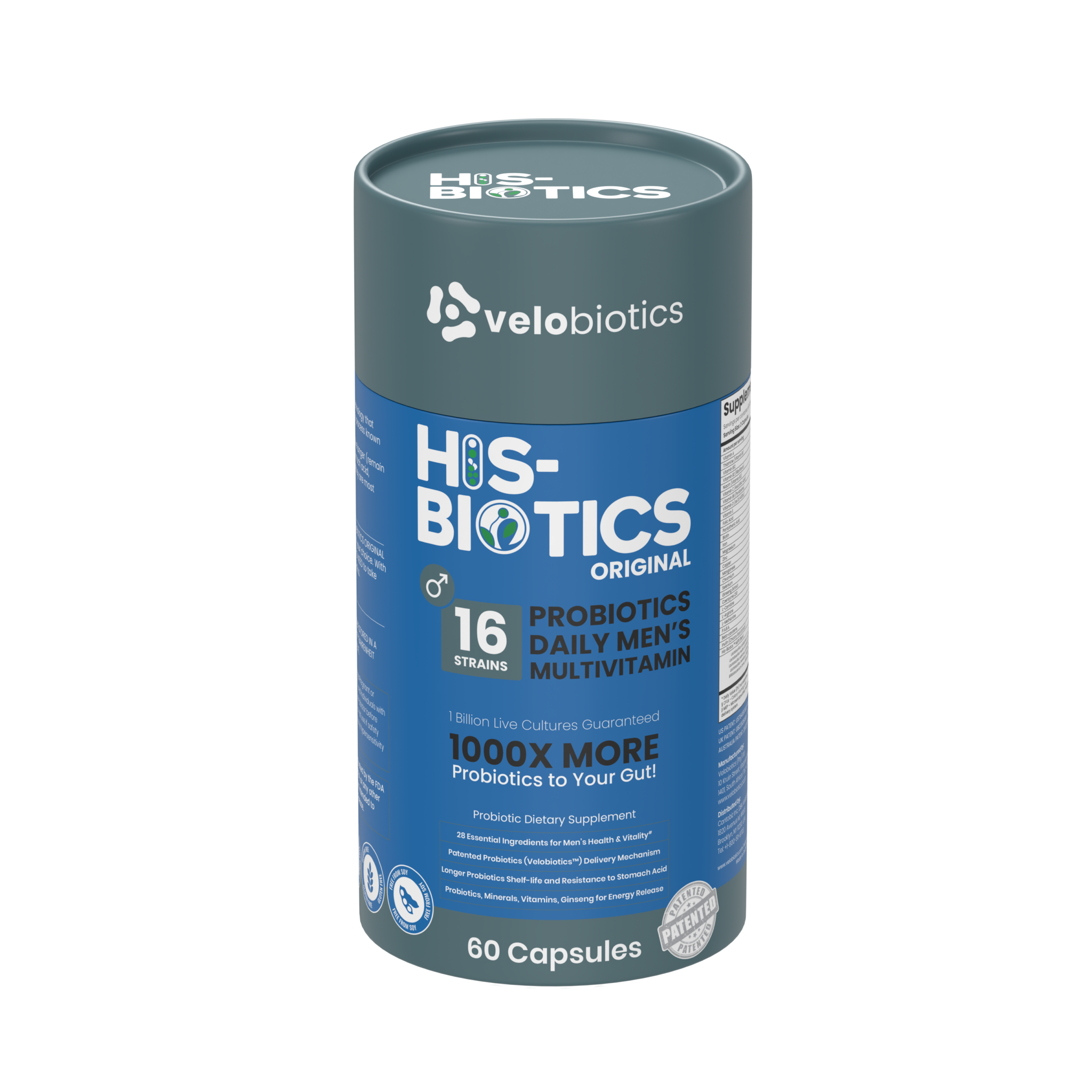 His-Biotics Original Capsules probiotic supplement for men's digestive health with 16 strains, prebiotics, and postbiotics, 60 capsules.