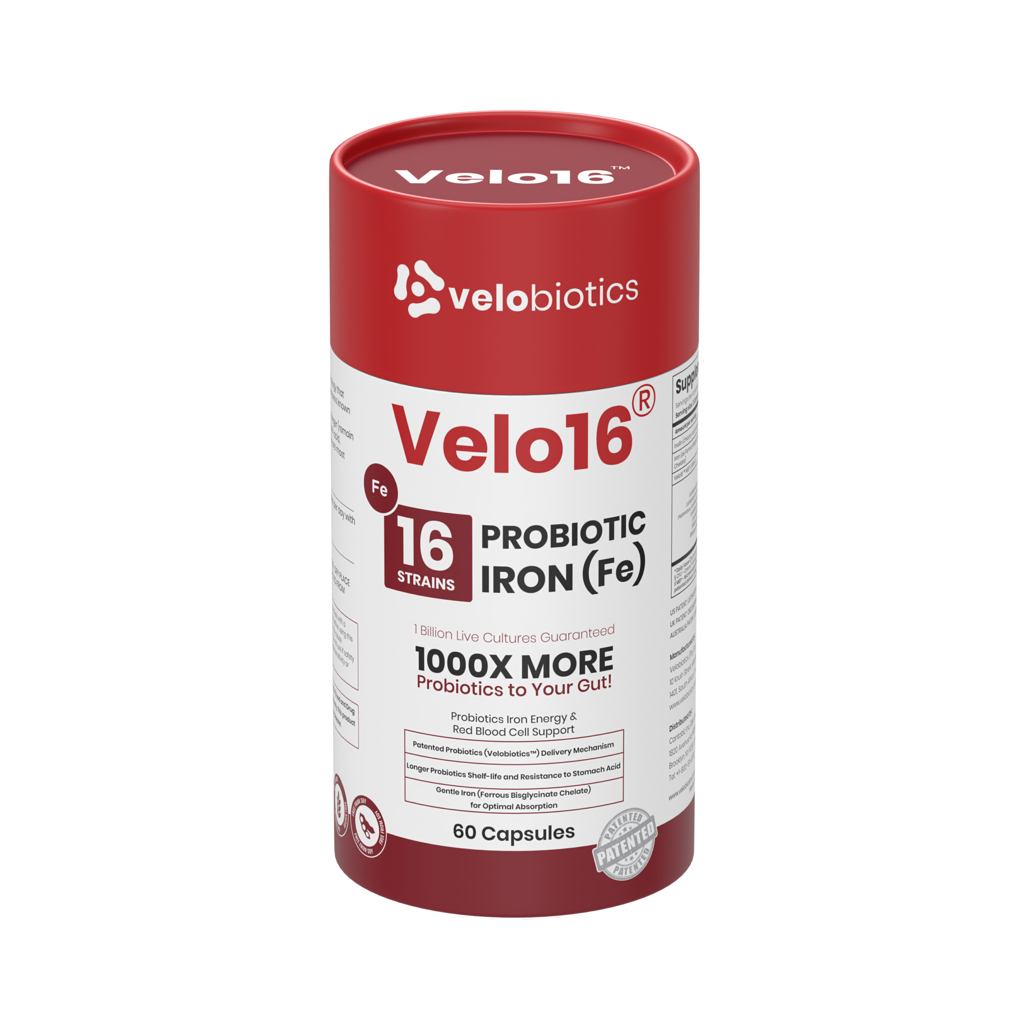 Velo16 Probiotics + Iron supplement bottle with 16-strain probiotic blend and iron for gut health and immune support.