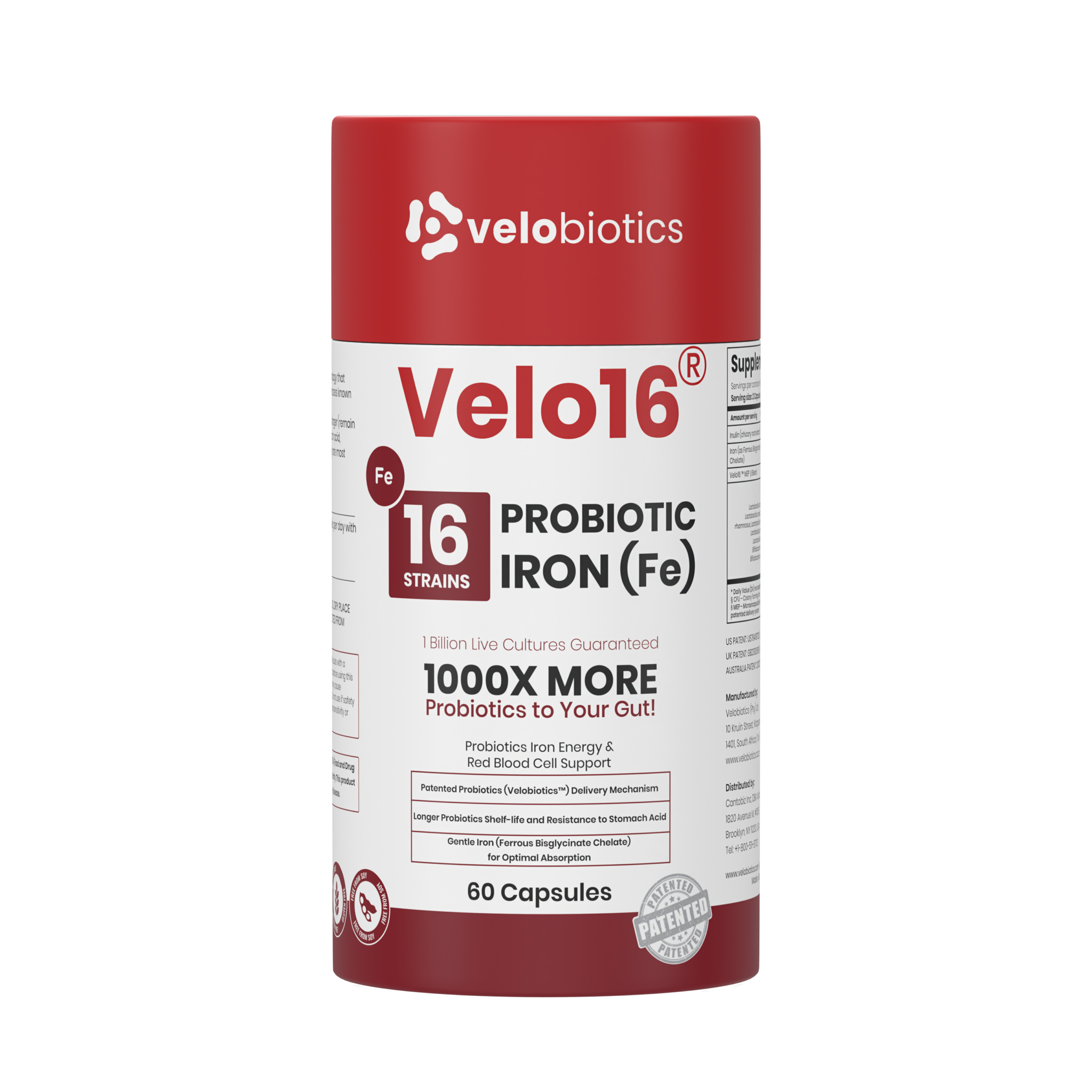 Velo16 Probiotics + Iron supplement bottle with 16-strain probiotics and iron for gut health and immune support