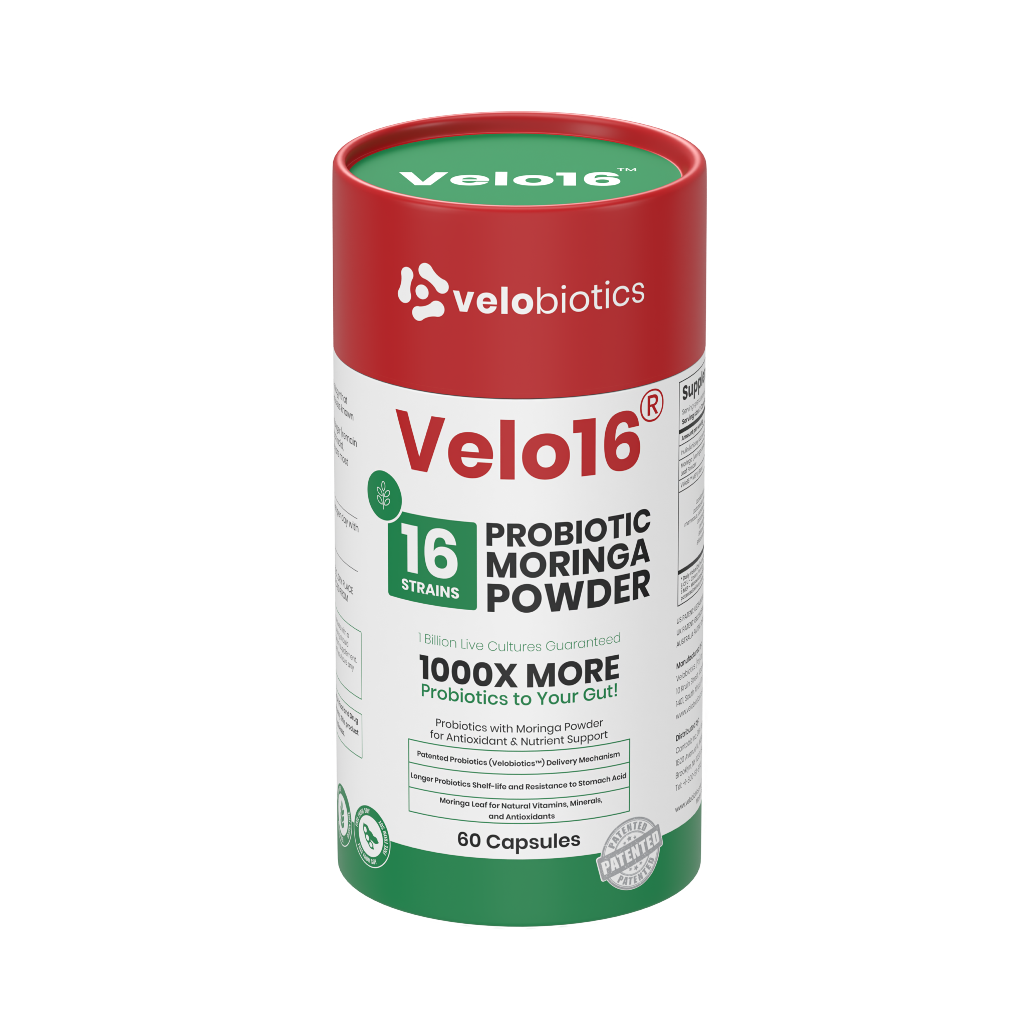 Velo16 Probiotics Moringa Powder supplement bottle with 16 strain probiotic blend and natural antioxidant support in capsules