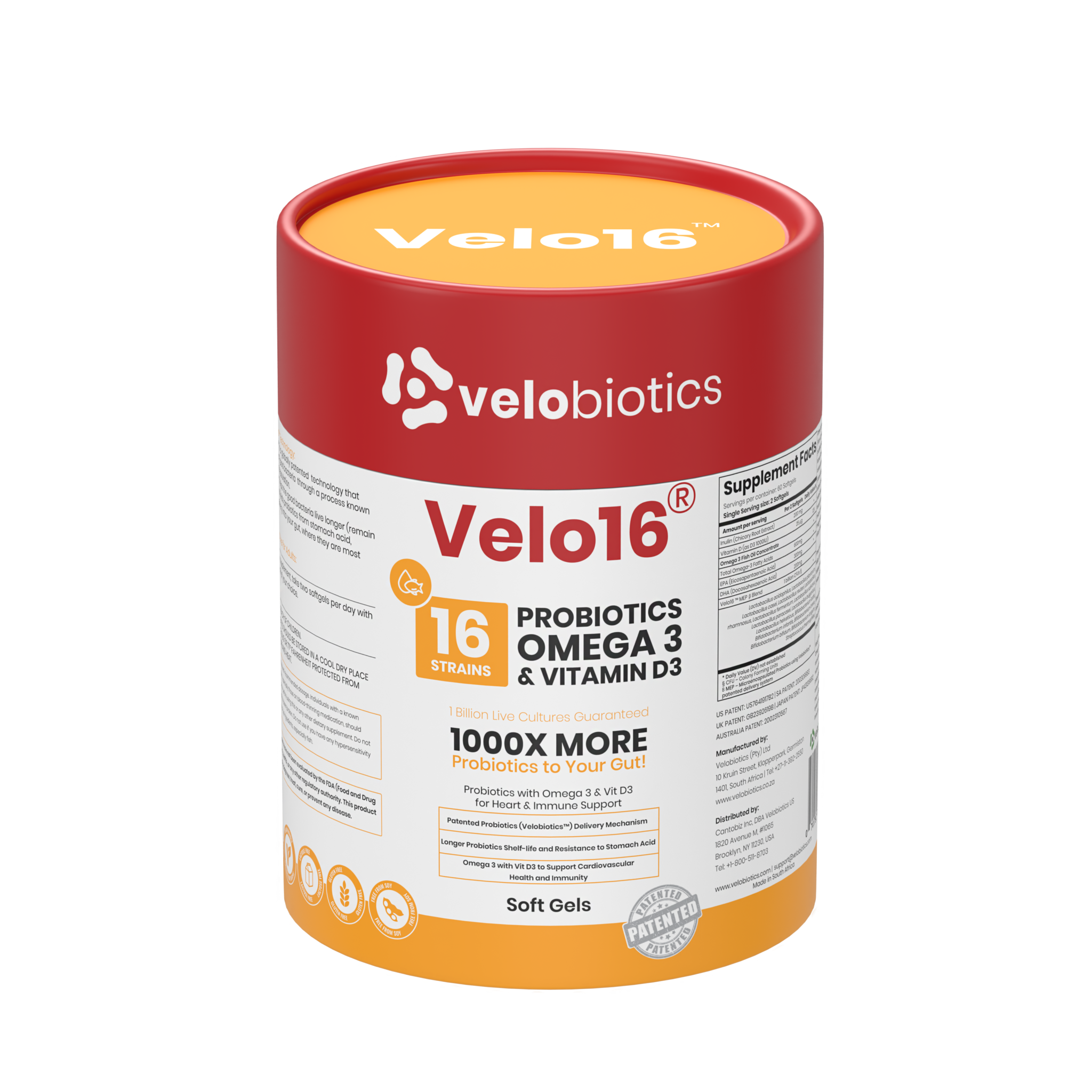 Velo16 Probiotics supplement container with Omega 3 and Vitamin D3 for gut health and cognitive support