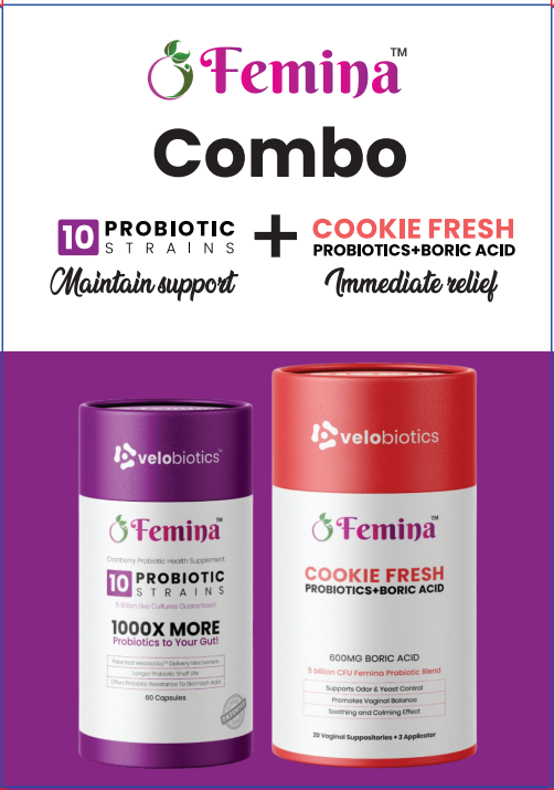 Femina COMBO Care packaging featuring probiotics and COOKIE FRESH suppositories for intimate health support and relief.